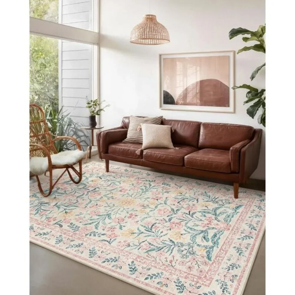 New 5x7 Pink Nursery Area Rug, Washable Non-Slip Floral Carpet for Girls Room